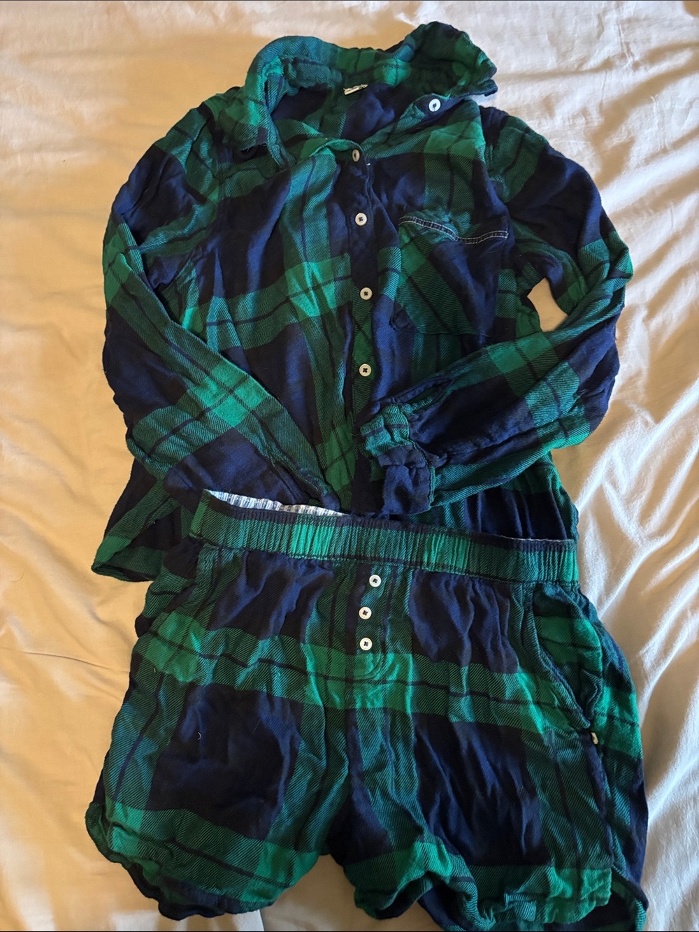 Women's Green and Navy Plaid Flannel Pajama Set - Cozy Button-Up Top & Shorts